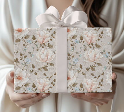 LacePetal – Romantic White and Peach Flowers over Vintage Lace Texture Wrapping Paper