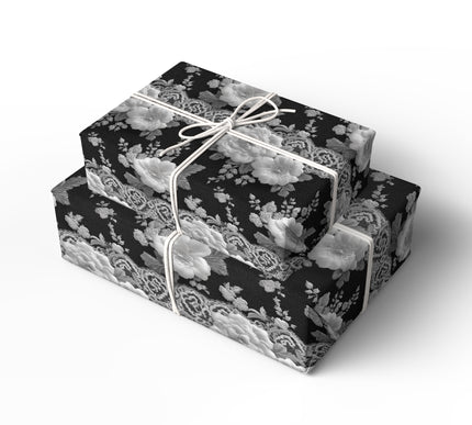 Midnight Blossom Veil - Exquisite Black and White Lace Floral Wrapping Paper