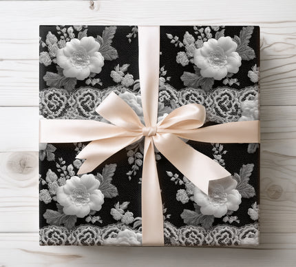 Dramatic black and white lace floral design, perfect for sophisticated and artistic gift wrapping. 