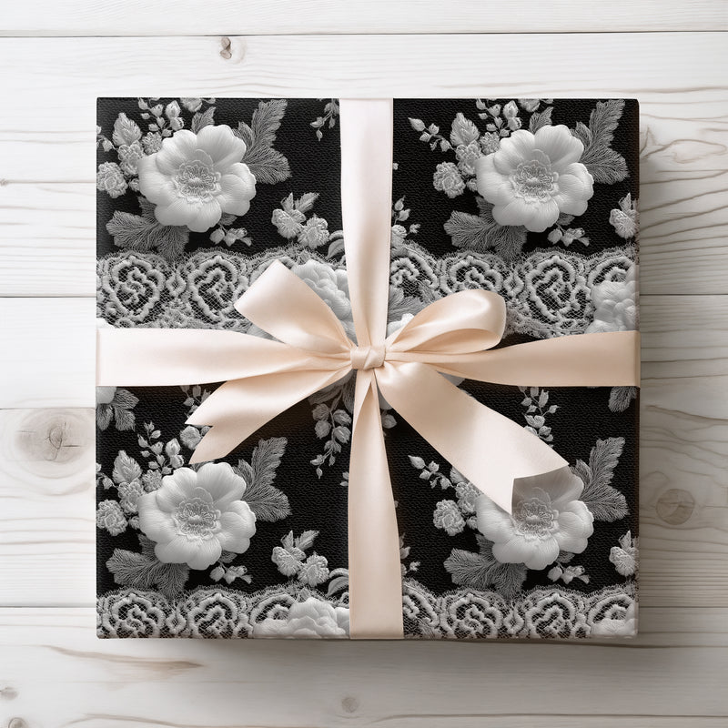 Midnight Blossom Veil - Exquisite Black and White Lace Floral Wrapping Paper