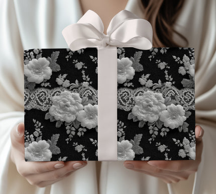 Midnight Blossom Veil - Exquisite Black and White Lace Floral Wrapping Paper