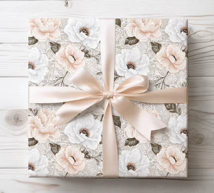Delicate white peonies and anemones over a lace-inspired neutral background, perfect for elegant and romantic wrapping. 