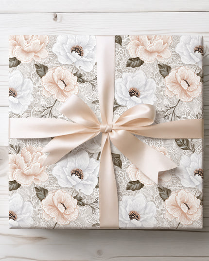 LaceBloom – White Peonies and Anemones on Lace-Inspired Neutral Background Wrapping Paper