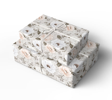LaceBloom – White Peonies and Anemones on Lace-Inspired Neutral Background Wrapping Paper