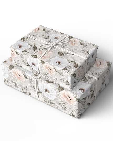 LaceBloom – White Peonies and Anemones on Lace-Inspired Neutral Background Wrapping Paper