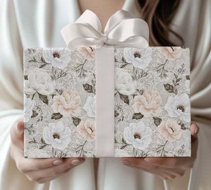 LaceBloom – White Peonies and Anemones on Lace-Inspired Neutral Background Wrapping Paper