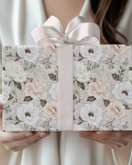 LaceBloom – White Peonies and Anemones on Lace-Inspired Neutral Background Wrapping Paper