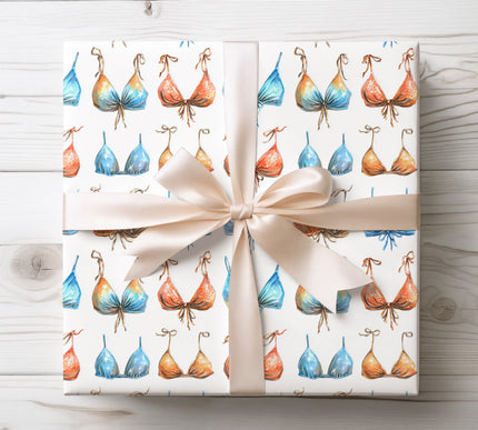 Bright and vibrant bikini tops with seashells pattern, perfect for summer and beach-themed gifts. 