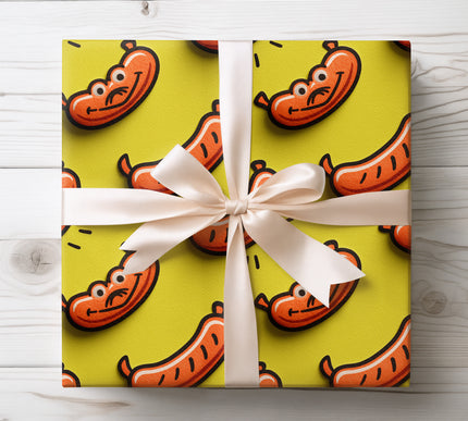 Cheerful sausage pattern with playful grins, great for lighthearted and humorous gift wrap. 