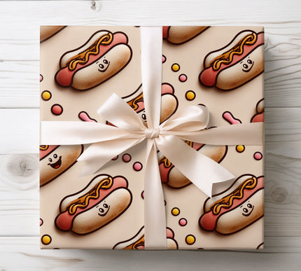 Playful hot dog characters with smiling faces, perfect for fun and quirky gift wrapping. 