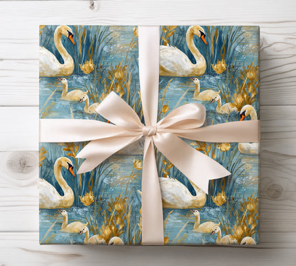 Graceful swan family floating in a serene water garden, ideal for elegant and nature-inspired wrapping. 
