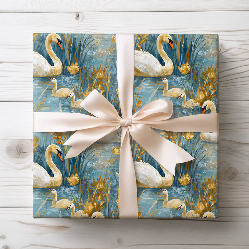 GoldenDrift – Elegant Swan Family in Water Garden Wrapping Paper