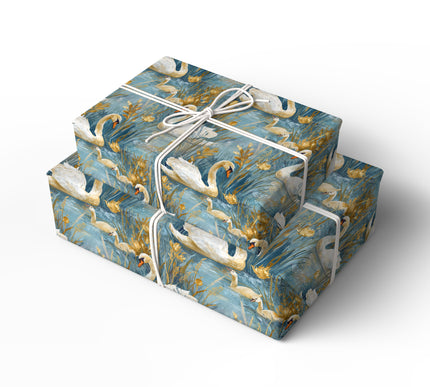 GoldenDrift – Elegant Swan Family in Water Garden Wrapping Paper
