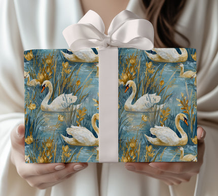 GoldenDrift – Elegant Swan Family in Water Garden Wrapping Paper