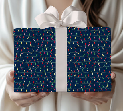 TwinkleTangle – Colorful Christmas Lights on Navy Blue Wrapping Paper