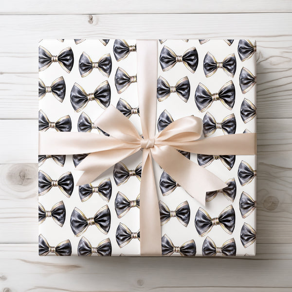 Refined Tux Twist – Elegant Black and gold Bowtie Pattern on White Background Wrapping Paper