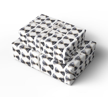 Refined Tux Twist – Elegant Black and gold Bowtie Pattern on White Background Wrapping Paper