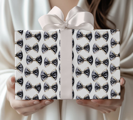 Refined Tux Twist – Elegant Black and gold Bowtie Pattern on White Background Wrapping Paper