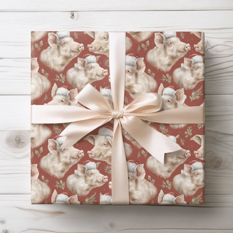 HollyHog – Christmas Pig in Santa Hat with Holly Wrapping Paper