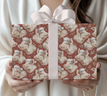 HollyHog – Christmas Pig in Santa Hat with Holly Wrapping Paper