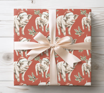 Adorable piglets wearing Santa hats, bringing a playful and joyful feel to holiday gift wrapping. 