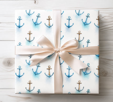 Classic vintage blue anchor pattern evokes a nautical theme, perfect for seaside-inspired gift wrap. 