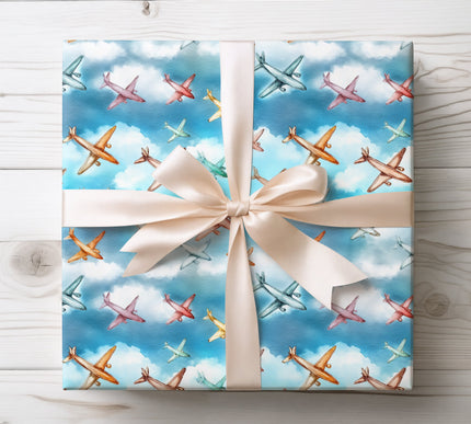 Bright and cheerful airplanes flying across a blue sky, perfect for aviation lovers and playful gift wrapping. 