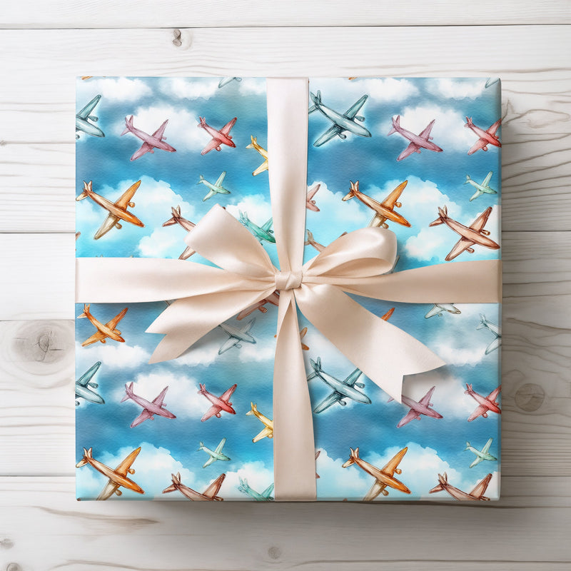 SkyVoyage – Colorful Airplanes in Blue Sky Wrapping Paper