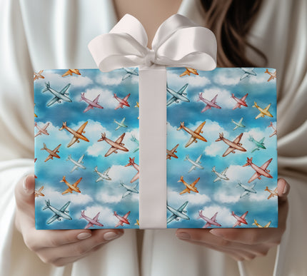 SkyVoyage – Colorful Airplanes in Blue Sky Wrapping Paper