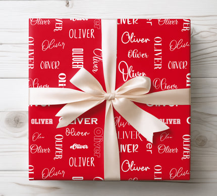 Unique custom name wrapping paper with decorative scroll design, perfect for personalized gift presentations. 