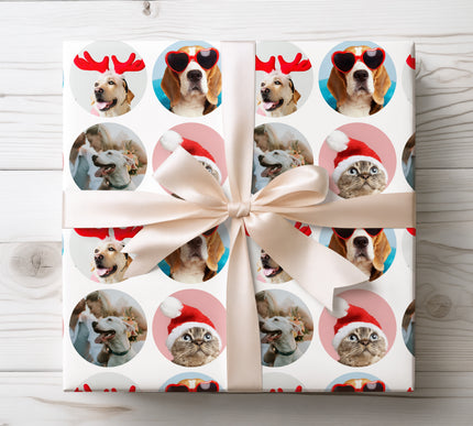 Personalized gift wrap featuring up to 4 custom pet photos, ideal for animal lovers and pet-themed gifts. 