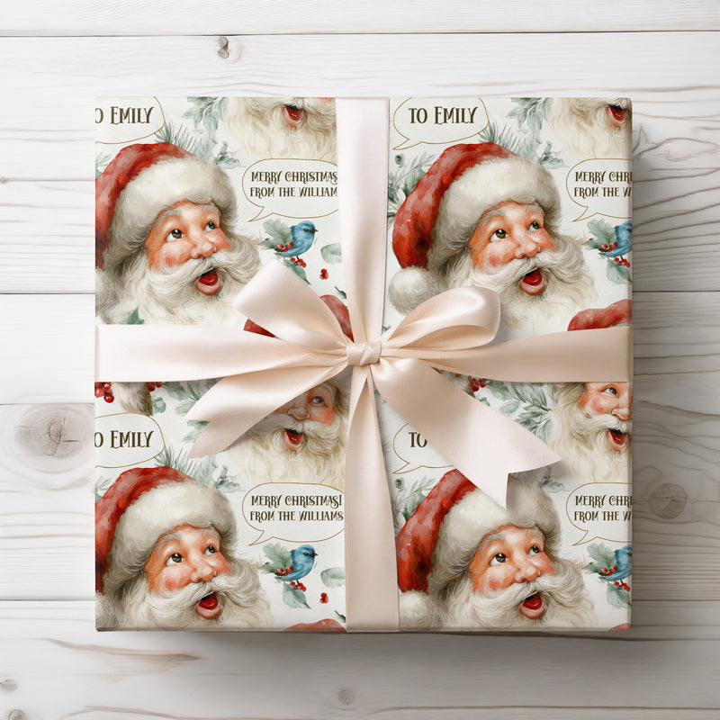 HoHoWhim – Santa with Holly and Bird Speech Bubble with custom text Wrapping Paper