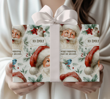 HoHoWhim – Santa with Holly and Bird Speech Bubble with custom text Wrapping Paper
