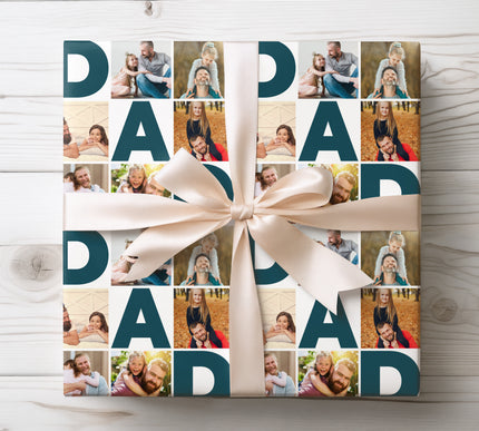 Personalized Father’s Day wrapping paper with a photo collage of up to 6 images, ideal for thoughtful presents. 