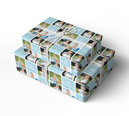 BirthdayBrights – Custom Blue Photo Collage 1st Birthday Wrapping Paper - Up to 6 custom photos