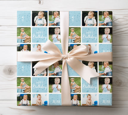 Personalized 1st birthday gift wrap with a blue-themed photo collage, ideal for boy’s special celebrations. 