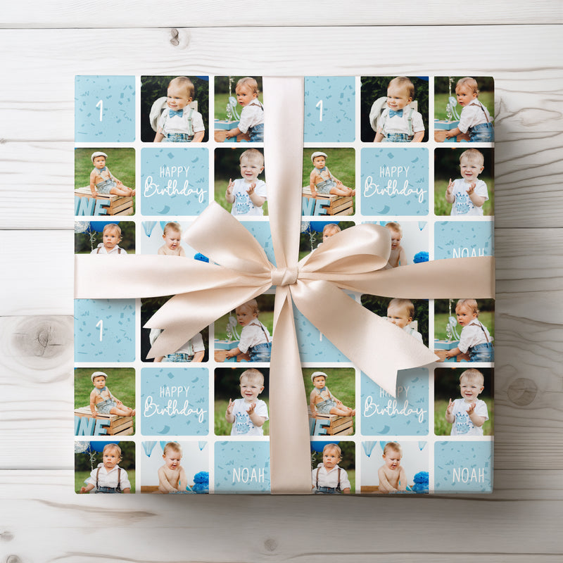 BirthdayBrights – Custom Blue Photo Collage 1st Birthday Wrapping Paper - Up to 6 custom photos