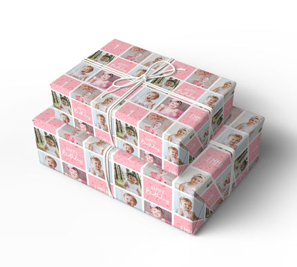 PinkSpark Wishes – Custom 1st Birthday Girl Photo Collage Wrapping Paper - Up to 6 custom photos