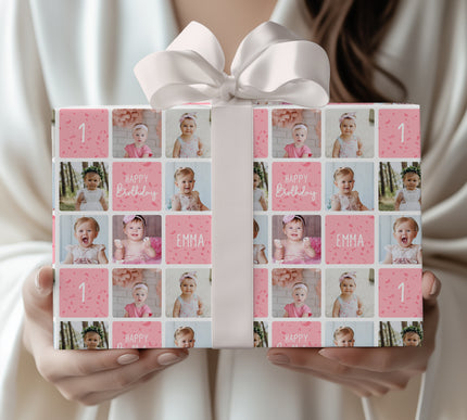 PinkSpark Wishes – Custom 1st Birthday Girl Photo Collage Wrapping Paper - Up to 6 custom photos