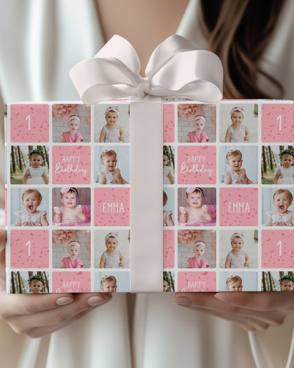 PinkSpark Wishes – Custom 1st Birthday Girl Photo Collage Wrapping Paper - Up to 6 custom photos