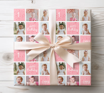 Customized 1st birthday gift wrap featuring up to 6 photos for a heartfelt celebration of a little girl’s milestone. 