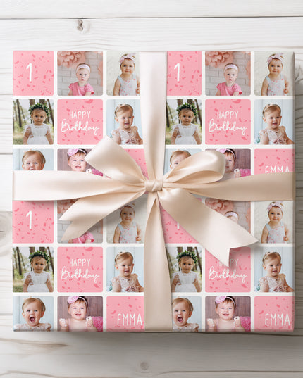 PinkSpark Wishes – Custom 1st Birthday Girl Photo Collage Wrapping Paper - Up to 6 custom photos