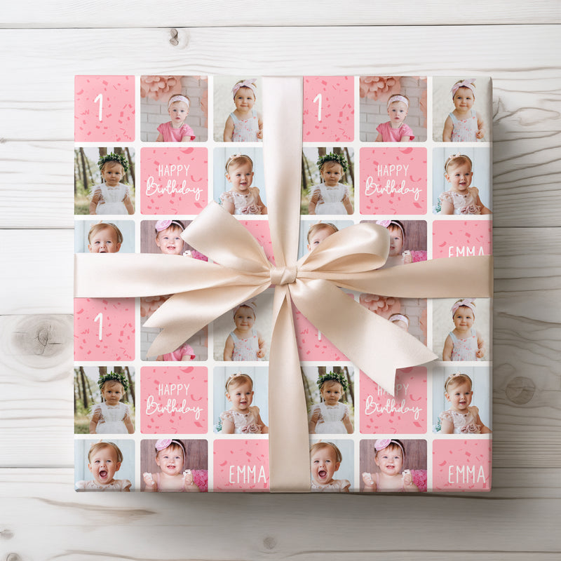 PinkSpark Wishes – Custom 1st Birthday Girl Photo Collage Wrapping Paper - Up to 6 custom photos