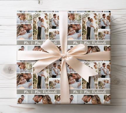 Personalized wedding gift wrap featuring up to 8 custom photos, ideal for celebrating newlyweds with a unique touch. 