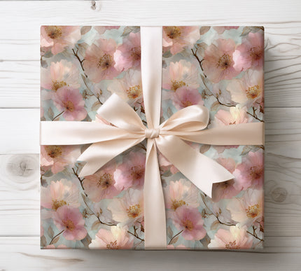 Soft pink and gold floral fantasy design for wrapping paper that brings a romantic and ethereal touch to gifts. 