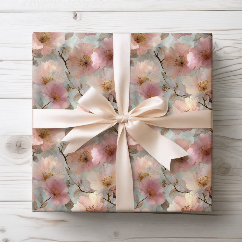 Blush Bloom Reverie - Dreamy Pink and Gold Floral Fantasy Pattern Wrapping Paper