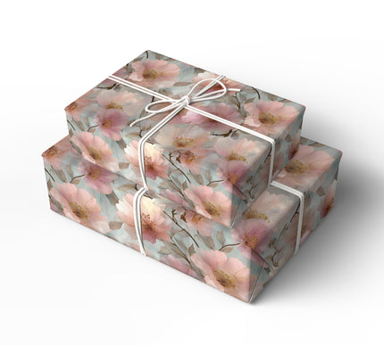 Blush Bloom Reverie - Dreamy Pink and Gold Floral Fantasy Pattern Wrapping Paper