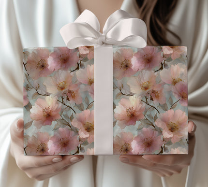 Blush Bloom Reverie - Dreamy Pink and Gold Floral Fantasy Pattern Wrapping Paper