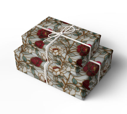 Regal Blossom - Exquisite Gold and Red Floral Stained Glass Wrapping Paper