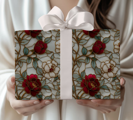 Regal Blossom - Exquisite Gold and Red Floral Stained Glass Wrapping Paper